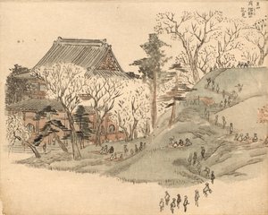 Kirschblütenbesichtigung am Tempel auf dem Berg Suribachi nach einem Entwurf in Band 5 des Bilderbuchs der Souvenirs von Edo (Ehon Edo miyage) von after Utagawa Hiroshige