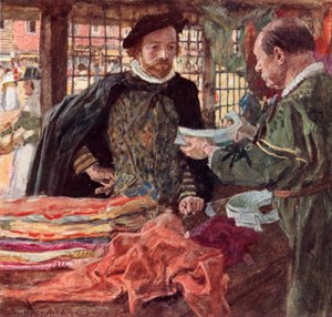 Shakespeare bei einem Tuchhändler, um sich einen der neuen fallenden Kragen zu kaufen, die die Halskrausen ersetzen