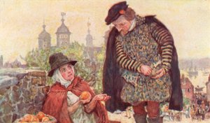 Shakespeare kauft eine Zweipenny-Orange von einem Obstverkäufer auf dem Tower Hill, London