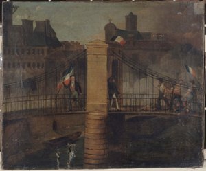 Kampf an der Brücke von Arcole in Paris, 28. Juli 1830