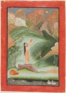 Eine Frau betet die aufgehende Sonne an (Surya Puja)
