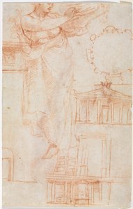 Eine drapierte weibliche Figur (möglicherweise eine Amazone) und architektonische Studien (verso)