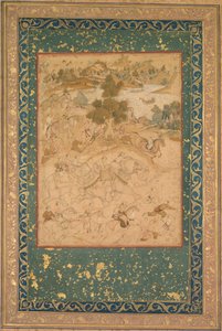 Akbar überwacht die Gefangennahme von wilden Elefanten in Malwa im Jahr 1564, Gemälde 90 aus einem Akbar-nama (Buch von Akbar) von Abu