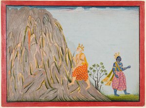 König Muchukunda betritt das Reich des Berges Gandhamadana, um Erlösung zu erlangen, aus der „Fünften Basohli Bhagavata Purana"