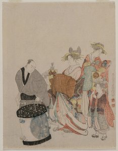 Kurtisane in der Stadt mit Begleitern bei Nacht von attributed to Kubo Shunman