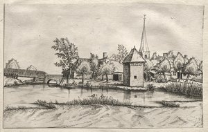Ansichten von Dörfern in Brabant und Campine: Ein Dorf mit Wassergraben von attributed to Master of the Small Landscapes