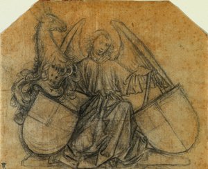 Ein Engel, der zwei Wappenschilde stützt von attributed to Nikolaus Gerhaert von Leyden