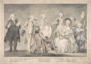 Satirische Zeichnung: Künstler malt das Porträt einer alten Dame von attributed to Pietro Antonio Novelli.