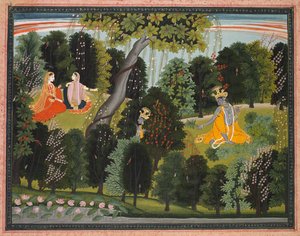 Sakhi überredet Radha, Krishna zu treffen, aus einem Gita Govinda (Lied des Kuhhirten) von Jayadeva