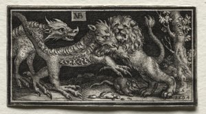 Löwe kämpft gegen zwei Bestien von attributed to Tobias Stimmer
