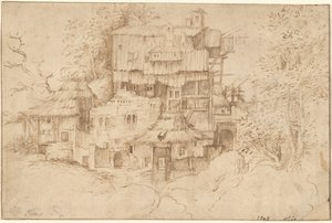 Ein Komplex rustikaler Häuser über Ruinen gebaut von circle of Giorgione