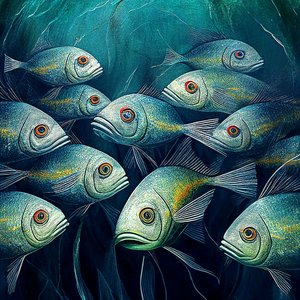 Fische im Ozeanwasser, Abstraktes Gemälde von F. Abderrahim
