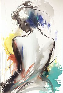 Aquarellzeichnung, die eine sitzende Frau von hinten darstellt