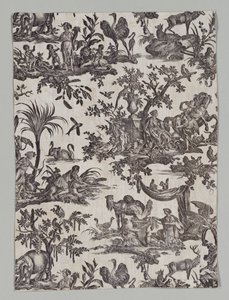 Fragment eines Kupferplatten bedruckten Baumwollstoffs mit "Les quatres parties du monde" Design