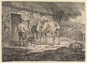 Beispiele der Polyautographie: Pferde an einer Hüttentür