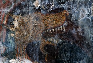 Vogel, Detail der Bestrafung der Verdammten in der Kirche Agia Paraskevi, Voutas, Kreta, Griechenland (Foto) von Theodore Charles Ange Coquelin
