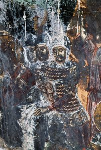 Soldat, beschädigtes Fresko an der Decke der Kirche von Agios Vasileios, Vavouledo, Kreta, Griechenland (Foto)