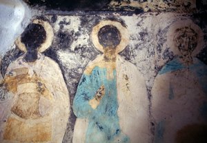 Heiligenfiguren, Fresko im Kloster Taxiarhis Mihail Roukouniotis, Panormitis, Insel Symi, Griechenland