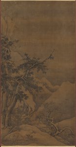 Vögel in einem Hain in einer bergigen Winterlandschaft von possibly by Gao Tao