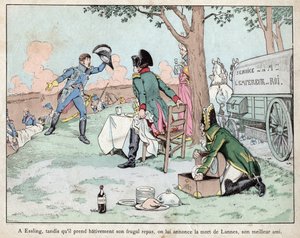 Schlacht von Aspern Essling - Napoleon erhält die Nachricht vom Tod von Marschall Lannes 1809 - Lithographie von Job (Jacques Onfroy de Breville) aus Le Grand Napoleon des Petites Enfants