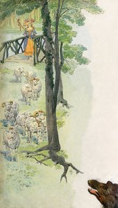 Hirte, der seine Schafe (Schafe und Widder) auf dem Land hütet, unter dem drohenden Blick eines Wolfes - Illustration von Job (Jacques Marie Gaston Onfroy de Breville) (1858-19131) für das Buch „La Cantiniere“ von G. Montorgueil, ca. 1900 von pseudonym for Onfray de Breville Jacques Job