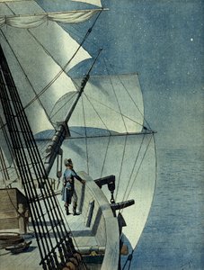 Kampagne (Expedition) von Ägypten (1798-1801): Rückkehr von Alexandria nach Ägypten an Bord der Fregatte „La Muiron“, Napoleon I. Bonaparte (1769-1821) allein auf dem Deck des Schiffes betrachtet das Mittelmeer bei Nacht