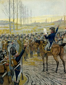 Feldzug von Österreich (1805): Proklamation von Kaiser Napoleon I. Bonaparte (1769-1821) an die Truppen vor der Schlacht von Austerlitz am 2. Dezember 1805. In „Napoleon“ von Georges Montorgueil. Illustration von Jacques Marie Gaston Onfray de Breville, ge von pseudonym for Onfray de Breville Jacques Job