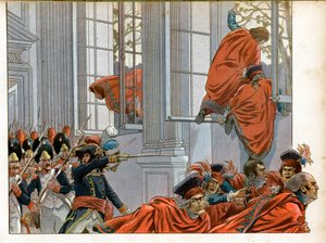 Konsulat: Joachim Murat (1767-1815) betritt die Kammer des Rates der Fünfhundert mit 50 Männern, um die Senatoren während des Staatsstreichs vom 18. Brumaire (9.11.1799) zu vertreiben, der das Direktorium beendete und das Konsulat einführte