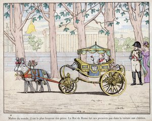 Kaiser Napoleon I. Bonaparte mit seinem Sohn Prinz Napoleon Franz Karl Joseph Bonaparte, der König von Rom Napoleon II. wurde, später auch Aiglon genannt - Napoleon beobachtet den König von Italien (Napoleon II.) bei seinen ersten Schritten in einem Ka von pseudonym for Onfray de Breville Jacques Job