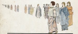 Frauen der „freien Bürger“ tragen ihre Kleider auf der Schulter befestigt und schwere Schmuckstücke an den Armen. In „Frankreich, seine Geschichte erzählt von G. Montorgueil, illustriert von Job“ 1896. Private Sammlung von pseudonym for Onfray de Breville Jacques Job