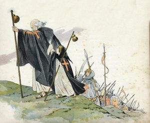 Erster Kreuzzug: Peter der Einsiedler (1050-1115) führt den Kreuzzug mit dem Ruf „Gott will es!“. Er trägt einen Mantel, schlägt mit einem Kreuz und hält eine Pilgerbulle. Ein kleines Mädchen, das Frankreich symbolisiert, begleitet ihn. in „Frankreich, ihr