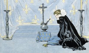 Frankreich, dargestellt von einer Frau mit schwarzem Umhang, trauert um den Tod von König Heinrich IV (1553-1610). in „Frankreich, seine Geschichte erzählt von G. Montorgueil, illustriert von Job“ 1896. Private Sammlung.