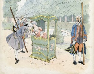 Französische Galanterie im 18. Jahrhundert: ein junger Mann küsst die Hand einer Frau in einem Rollstuhl. in „Frankreich, seine Geschichte erzählt von G. Montorgueil, illustriert von Job“ 1896. Private Sammlung von pseudonym for Onfray de Breville Jacques Job
