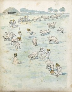 Gallische Kinder spielen mit Schweinen auf einem Feld. in „France, his story told by G. Montorgueil, imagee by Job“ 1896. Private Sammlung von pseudonym for Onfray de Breville Jacques Job