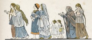 Gallische Bäuerinnen mit ihren Kindern. in „France, her story told by G. Montorgueil, imagee by Job“ 1896. Private Sammlung von pseudonym for Onfray de Breville Jacques Job