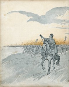 Gallischer Krieg: Gaius Julius Caesar (100-44 v. Chr.) und seine Armee dringen in Gallien ein. Der Schatten eines Adlers, Symbol des Römischen Reiches, erscheint am Himmel. In „Frankreich, seine Geschichte erzählt von G. Montorgueil, illustriert von Job“ 1