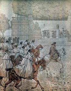 Deutscher Feldzug 1813: Napoleon I. Bonaparte (1769-1821) und sein Generalstab kehren nach dem Sieg in der Schlacht am 26. und 27. August nach Dresden zurück. In „Napoleon“ von Georges Montorgueil. Illustration von Jacques Marie Gaston Onfray de Breville,  von pseudonym for Onfray de Breville Jacques Job