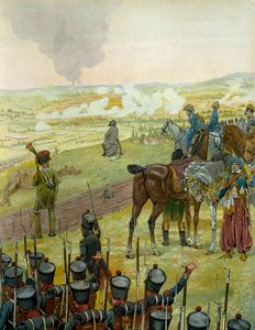 Deutscher Feldzug 1813: Napoleon I. Bonaparte (1769-1821) sitzt auf einer Trommel und denkt über seine Kampfstrategie während der Schlacht von Bautzen am 20. und 21. Mai 1813 nach. In „Napoleon“ von Georges Montorgueil. Illustration von Jacques Marie Gasto