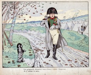Grognards (Alte Garde von Napoleon Bonaparte) trainierten ihre Hunde, um den Kaiser zu grüßen - Lithographie von Job (Jacques Onfroy de Breville) aus Le Grand Napoleon des Petites Enfants 1893