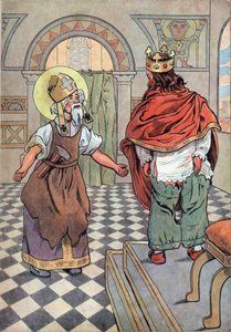 Geschichte Frankreichs. Szene aus dem Leben von König Dagobert mit Spielzeug: Saint Eloi (ca. 588-659) weist König Dagobert I. (602 oder 605-638 oder 639) darauf hin, dass seine Hose verkehrt herum angezogen ist. In „Joujoux à l