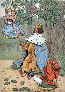 Geschichte Frankreichs. Szene aus dem Leben von Saint Louis mit Spielzeug: König Ludwig IX., bekannt als Saint Louis (1214-1270), spricht Recht unter einer Eiche. In „Joujoux à l