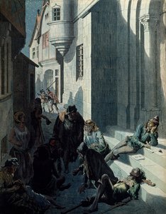 Geschichte Frankreichs im Mittelalter: François de Montcorbier bekannt als François Villon (1431-1463?), Dichter, der seine Werke in der Armut der Straßen von Paris verfasst. Illustration von Jacques Marie Gaston Onfray de Bréville dit JOB (1858-1931) von pseudonym for Onfray de Breville Jacques Job