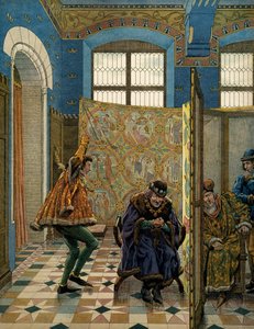 Geschichte Frankreichs im Mittelalter: Einer der Herren des Connetable von Saint Pol macht sich über den König von England (seinen Verbündeten) lustig, bevor er König Ludwig XI. genannt der Kluge (1423-1483) trifft, als ein Gesandter von Edward IV. kam