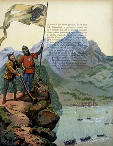 Geschichte Frankreichs im Mittelalter: Die Truppen von Karl dem Kühnen (1433-1477), Herzog von Burgund, betreten das Land Vaud in der Schweiz. Illustration von Jacques Marie Gaston Onfray de Breville, genannt JOB (1858-1931)