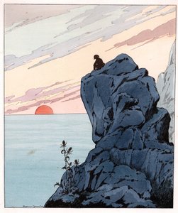 Ich komme, wie Themistokles, um mich im Haus des britischen Volkes niederzulassen, Worte von Napoleon I. Bonaparte in melancholischer Haltung im Exil auf einem Felsen der Insel St. Helena. Illustration von Job (Jacques Marie Gaston Onfray de Bréville)
