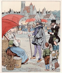 Ich möchte den Preis eines Liards wissen. König von Frankreich HENRI IV (1553-1610) auf einem Marsch. Illustration von Job (Jacques Marie Gaston Onfray und Breville) für das Buch „Les grands mots historiques du pays de France“ 1915. Private Sammlung