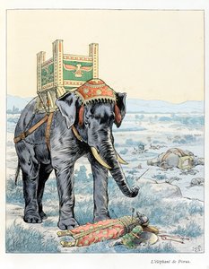Illustration aus dem Buch „A la gloire des betes“ Text von A Fabre, Zeichnungen von Jacques Marie Gaston Onfray de Breville dit JOB, Verlag Maison Alfred Mame et fils: Der Elefant von Porus (In der Schlacht von Hydaspe im Jahr 328 v. Chr. wurde Porus besie von pseudonym for Onfray de Breville Jacques Job