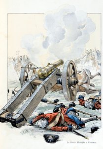 Illustration aus dem Buch „A la gloire des betes“ von A. Fabre, Zeichnungen von Jacques Marie Gaston Onfray de Breville dit JOB: Krieg der Österreichischen Erbfolge: die Hefe Mustapha in Fontenoy