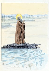 Illustration aus dem Buch „A la gloire des betes“: Saint Pacome und die Krokodile von pseudonym for Onfray de Breville Jacques Job