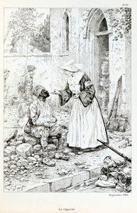 Illustration aus dem Buch „La Grande Guerre par les artistes“: „La cigarette septembre 1914“ - Ein Geistlicher gibt einem verwundeten Soldaten eine Zigarette. Von Jacques Marie Gaston Onfray de Breville dit JOB (1858-1931), Private Sammlung